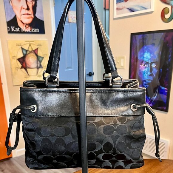 COACH 32702 Black Signature Drawstring Nylon Leather Double Straps Satchel Bag - Picture 3 of 10